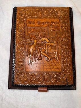 Vintage Don Quixote Spanish Hand Tooled Leather Desk Note Pad Holder- Read